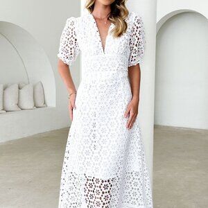 Eyelet Lace V-Neck Midi Dress with Puff Sleeves | New Formal Dress w/ Zip Back